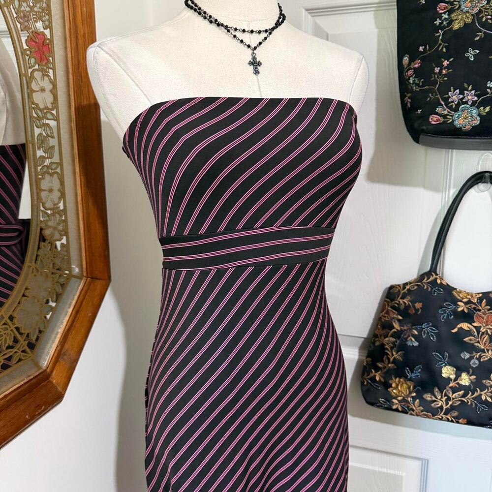 VTG Y2K My Michelle Black & Pink Striped Strapless Bodycon Mini Dress Waist Ties - Picture 2 of 7